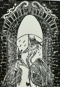 Fairytale Original Lino Print, Two Regal Herons Under Canal Bridge & umbrella A4 - Picture 1 of 8