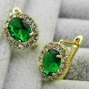3.2Ct Oval Lab Created Emerald Halo Women's Stud Earrings 14K Yellow Gold Plated - Picture 1 of 8