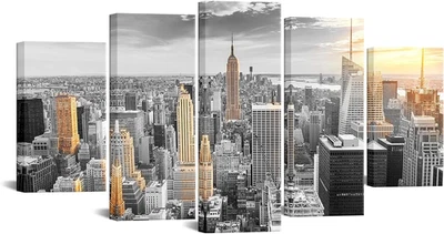 Arte de pared del horizonte de Nueva York de gran tamaño 5 piezas lienzo ciudad al amanecer pintura pi... Foto 1 de 4