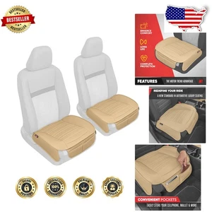 Faux Leather Car Seat Covers - Tan Beige, Padded Comfort & Storage Pockets - Foto 1 di 10
