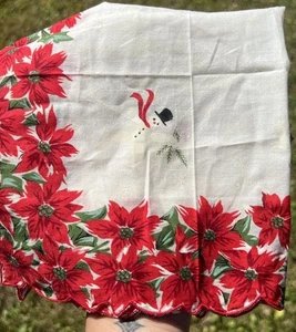 Fazzoletto pupazzo di neve e renna natalizio Poinsettia vintage alcune macchie - Foto 1 di 10