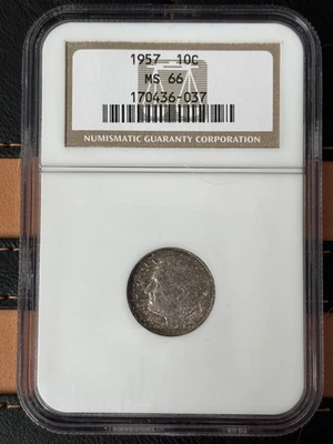 1957 Roosevelt Silver Dime NGC MS 66 nice Stong evenly Toned Coin both sides.   - Image 1 of 4