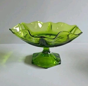 Viking Glass Epic Column Ruffled EDGE Pedestal Bowl Green 9 “ MCM HTF Design - Picture 1 of 7