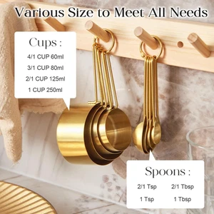 8Pcs Measuring Cups and Spoons Stainless Steel Golden 304 Set Stackable Long - Picture 1 of 6