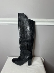Aquatalia Stivaletto Alto Croc Goffrato Pelle Nero Taglia 7,5 Italia Tacco Blocco Lusso - Foto 1 di 10