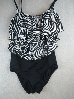 Traje de baño Longitude de una pieza con volantes Top para mujer 12 negro blanco animal cebra Foto 1 de 4