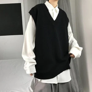 Men V Neck Loose Sweater Knitted Tops Vest Waistcoat Jumper Sleeveless Pullover - Picture 1 of 13