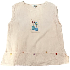 VTG Hot Cotton By Marc Ware 100% Linen Sz M Flower Embroidred Cottage Top - Picture 1 of 9