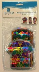 Set of 6 Hawaiian Theme Party Invitation Cards Holographic Shirt, Sandals, Tiki - Picture 1 of 10
