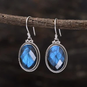 Natural Labradorite Gemstone Earring, 925 Sterling Silver, Handmade Earrings - Picture 1 of 7