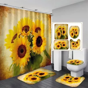 Sunflower Shower Curtain Sets with Rugs 4 Piece Flower Floral, Decor Yellow - Picture 1 of 8