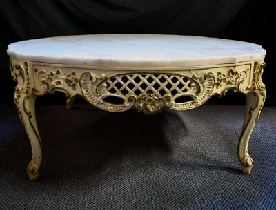 Mesa de madera tallada a mano Hollywood Regency vintage de 2 piezas con tapa de mármol 37" W Foto 1 de 4