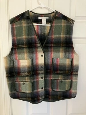 Chaleco de mezcla de lana The Limited verde a cuadros con botones, mediano Foto 1 de 3