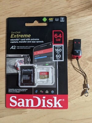 Sandisk EXTREME 64GB MicroSD Memory Card - UHS-I V30 160MB/s, with adaptor - Image 1 of 3