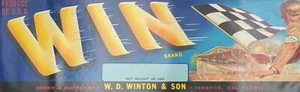 Etichetta cassa frutta marca WIN originale vintage anni 50, Ivanhoe CA, tema corse - Foto 1 di 3