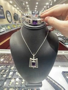 VINTAGE MEXICAN BRACELET SILVER 950 PURPLE AMETHYST CHAIN CHARM 3 PIECE SET RARE - Picture 1 of 6