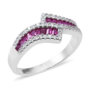 ELANZA Simulated Ruby & Diamond Ring in Rhodium Overlay Sterling Silver Size Q