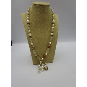 Collar Y/Lariat Vintage Tono Oro Amarillo y Vidrio Imitación Perla Cuentas, 22" - Imagen 1 de 8