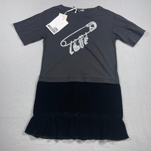 Abito in velluto Love Moschino taglia 6 misto cotone logo in velluto nero Nuovo con etichette