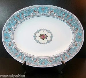 WEDGWOOD FLORENTINE PORCELAIN 14" OVAL PLATTER DRAGONS TURQUOISE AND WHITE BLACK - Picture 1 of 9