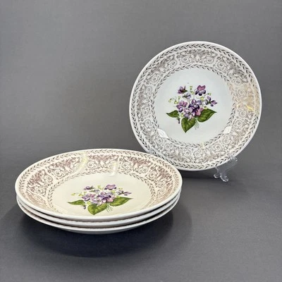 Cunningham and Pickett Springviolet Soup Bowls 7 3/4" Set of 4 Gold Filigree - Image 1 of 4