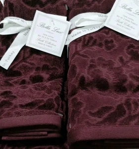 Bella Luxe 4 pc EMBOSSED FLORAL HAND & TIP TOWELS Luxury Velour Burgundy NEW - Picture 1 of 23