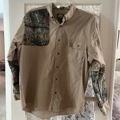 Cabelas Para Hombres XL Verde Caqui Tostado Camuflaje Algodón Caza Tiro LS Abotonado Foto 1 de 4