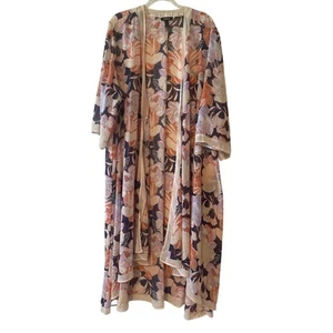 Torrid Kimono Duster Chiffon Cream Navy Deep Orange Floral Long Size 3 Womens - Picture 1 of 7