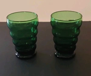 Vintage Forest Green Glass Water Tumbler Wave Ridge About 3.5" Set Of 2 - Picture 1 of 10