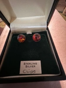 Sterling Silver Amber Clip On Earrings - Nigel Hunt Jewellery - Picture 1 of 5