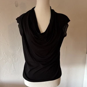 Espléndido Top Tejido Manga Gorra Cuello Capucha Drapeado Negro Pequeño Hecho en EE. UU. Semi Transparente  - Imagen 1 de 9
