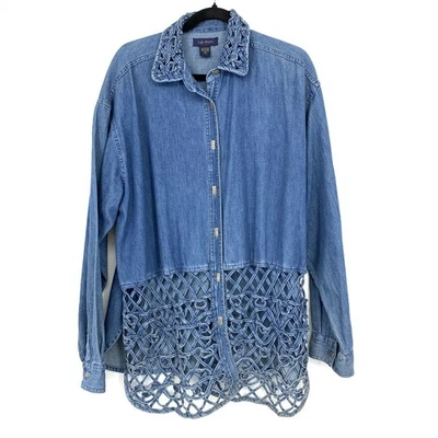 Vintage 90s Life Style Chambray Top Button Front Womens 2X Lattice Front Detail - Image 1 of 4