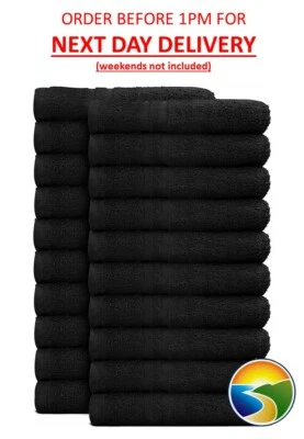 BAY COTTONS LTD 12 Black Salon Towels Hairdressing & Beauty Barber 100% Cotton 50x85cm 400gsm