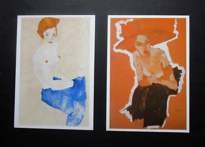 EGON SCIELE TWO 6,4" x 4,5" ESCASSO 1994 CARTÕES DE ARTE MENINA SENTADA E MULHER DESDENHOSA - Imagem 1 de 3