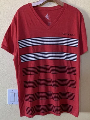 Volcom Red Black Striped v-neck t-shirt men's Size L - Image 1 of 4