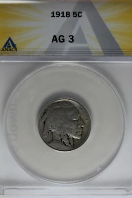 1918 .05  ANACS  AG 3  Buffalo Nickel, Indian Nickel, 5 Cent Piece - Image 1 of 2