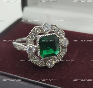 White Gold Plated Art Deco 2CT Asscher Lab-Created Green Emerald Engagement Ring - Picture 1 of 17
