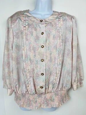 VINTAGE Floral Blouse Women’s Shoulder Pads Pink Pullover Sz 14 Secretary Modest - Image 1 of 4