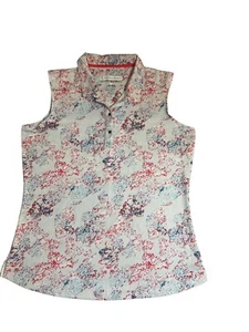 Pebble Beach Sleeveless Polo Shirt Dry Luxe Performance Red Blue Abstract Sz L - Picture 1 of 4