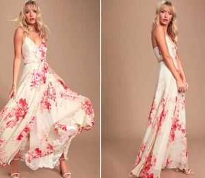 LULUS Sz XS Wrap Dress Gown Elegantly Inclined Cream Floral Print Cottage Core - Picture 1 of 10