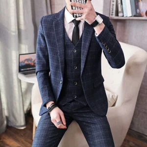 Tuta uomo 3 pezzi blu a quadri sposo smoking matrimonio cena ballo inverno personalizzata - Foto 1 di 11