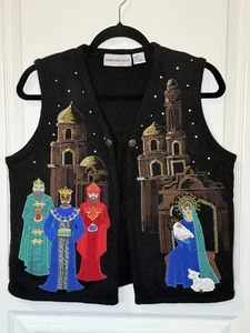 Sharon Young Vest Christmas Nativity Mary Jesus Kings Embroider Applique Wool M - Picture 1 of 8
