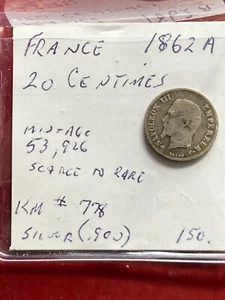 1862 20 Centimes French Silver Coin Napoleon III Rare - Picture 1 of 3