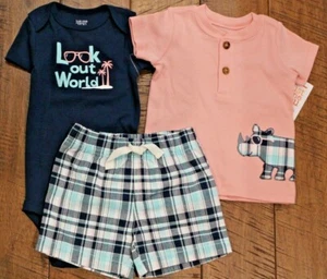 BOYS 3 Months Carter's 3-Piece Outfit - Plaid Shorts Rhino Top Navy Bodysuit NWT - Picture 1 of 6
