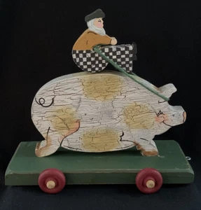 VTG Primitive Folk Art Kitchen Decor  Man Chef In Checked Pants Pig Pull Toy 9" - Picture 1 of 9