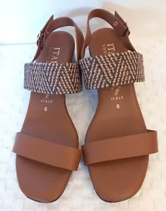 Italian Shoemakers Sandals Womens 8 Slingback Brown Faux Leather Heels Buckle - Picture 1 of 9