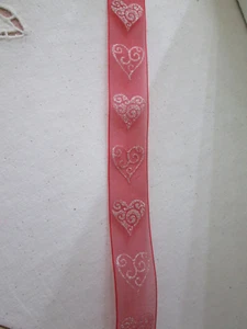 Red Sheer Valentines Day Ribbon w/Gold Glitter Hearts, 7/8" W x 9 FT L - Picture 1 of 3