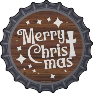 Merry Christmas with Cross Metal 12" Bottle Cap Circle Sign Home Wall Garage - Picture 1 of 1