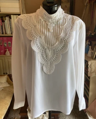 Vintage Look Victorian Style Romantic Gothic Lace Pearls Hi Collar Blouse Top 12 - Image 1 of 4