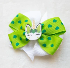 St Patrick's Day Bow Hair Clip, Green four-leaf Lucky Clover Ribbon bow clip - Picture 1 of 6